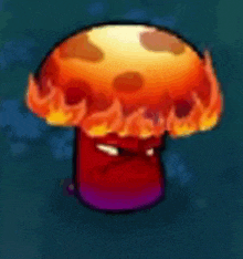 a cartoon mushroom with flames coming out of its head .