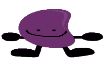 a purple bean with black arms and legs and a smile on its face