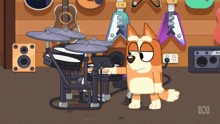 a cartoon of a dog playing a drum set with guitars behind him