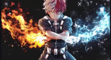 a boy with red and white hair is holding fire and water