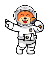 a cartoon drawing of a dog wearing a space suit and holding a microphone