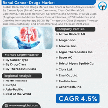 a poster titled renal cancer drugs market shows a hand holding a kidney