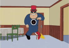 a cartoon character in a top hat and sunglasses is running in a room