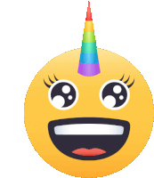 a yellow smiley face with a rainbow horn on it