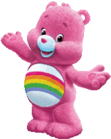 a pink teddy bear with a rainbow on its belly