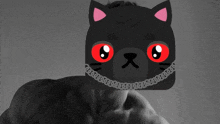 a man 's face is covered by a black cat with red eyes