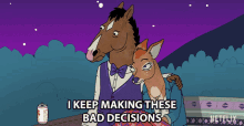 a cartoon of a horse and a deer with the words i keep making these bad decisions