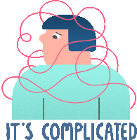 an illustration of a woman with a bunch of wires coming out of her head and the words it 's complicated below it