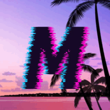 the letter m is surrounded by palm trees on a beach at sunset