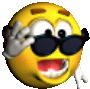 a cartoon smiley face wearing sunglasses is waving .