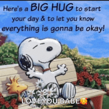 a picture of snoopy and woodstock sitting on a bench with the caption " here 's a big hug