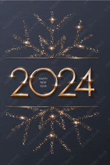 a happy new year 2024 greeting card with a gold snowflake