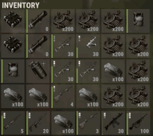 a screenshot of a video game inventory with weapons and rocks