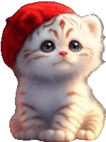 a white kitten wearing a red beret looks at the camera