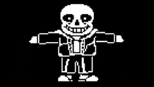 a black and white pixel art of sans from undertale is standing with his arms outstretched .