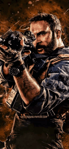 a man with a beard is holding a gun and wearing a watch on his wrist