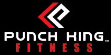 a logo for punch king fitness with a red and white arrow