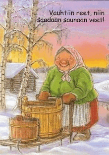 a cartoon of a woman carrying buckets in the snow .