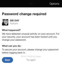 a screenshot of sid day 's tweet about password change required