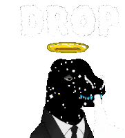 a pixel art of a man in a suit and tie with a halo on his head and the word drop written above him