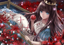 a girl with a crown on her head holding an apple