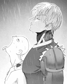 a black and white drawing of a man holding a child in the rain