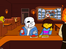 a cartoon of sans and frisk eating french fries in a restaurant