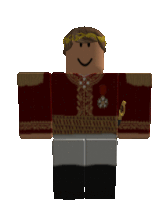 a roblox character in a red and gold outfit