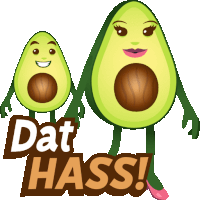 a couple of avocados standing next to each other with the words dat hass on the bottom