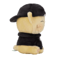 a stuffed animal wearing a black hat and a black hoodie