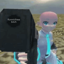 a bald anime girl with blue eyes is standing next to a black box with the words konnichiwa bitch written on it .