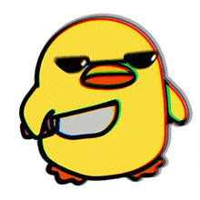 a cartoon chicken with sunglasses is holding a knife in its mouth .