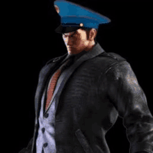 a man in a suit and tie is wearing a blue hat and a leather jacket .