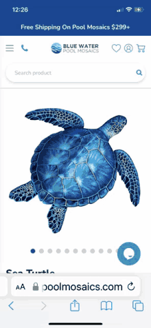 a phone screen shows a blue water pool mosaics turtle