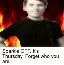 a man in a black shirt is standing in front of a fire and says sparkle off .