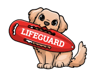 a cartoon dog is holding a red lifeguard float in its mouth