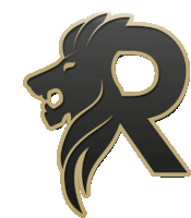 a black and gold letter r with a lion 's head