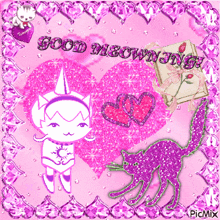 a pink greeting card that says good meowning with a cat