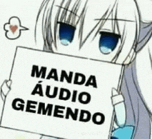 a cartoon girl is holding a sign that says manda audio gemando .