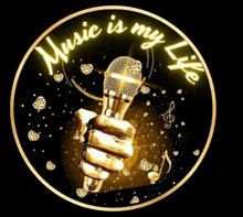 a gold hand is holding a microphone with the words music is my life below it