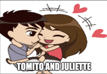 a cartoon of a man holding a woman with the words " tomito and juliette " on the bottom