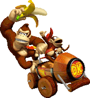 donkey kong is holding a banana while donkey kong is riding in a dk barrel