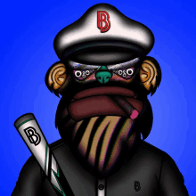 a monkey wearing a hat with the letter b on it is holding a baseball bat