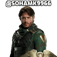 a man in a green armor holding a shield with the hashtag @sohamk9966