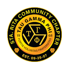 the logo for the tau gamma phi community chapter has a black and gold design