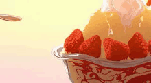 a bowl of ice cream with strawberries and whipped cream being poured into it .