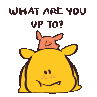 a cartoon of a pig sitting on top of a yellow monster with the words " what are you up to " below it