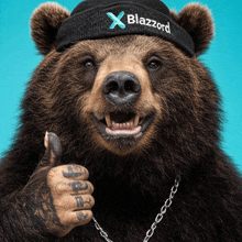 a bear wearing a black hat that says x blazzard