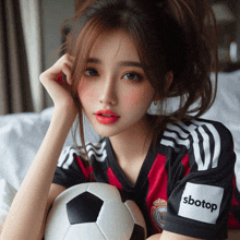 a girl with a soccer ball and a shirt that says sbotop on the sleeve