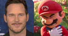 a close up of a man 's face next to a close up of mario